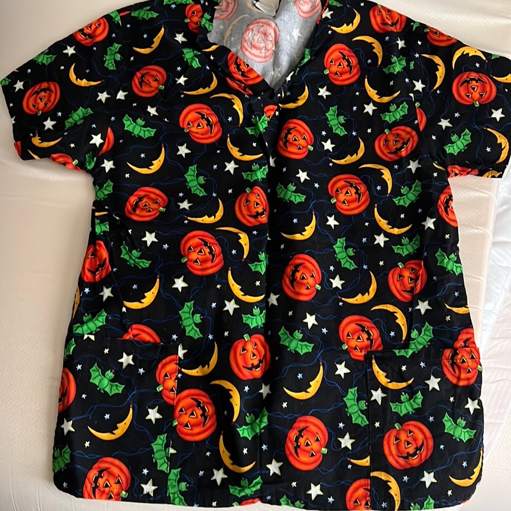Halloween Pumpkin Print Short Sleeve Top - Black/Orange
